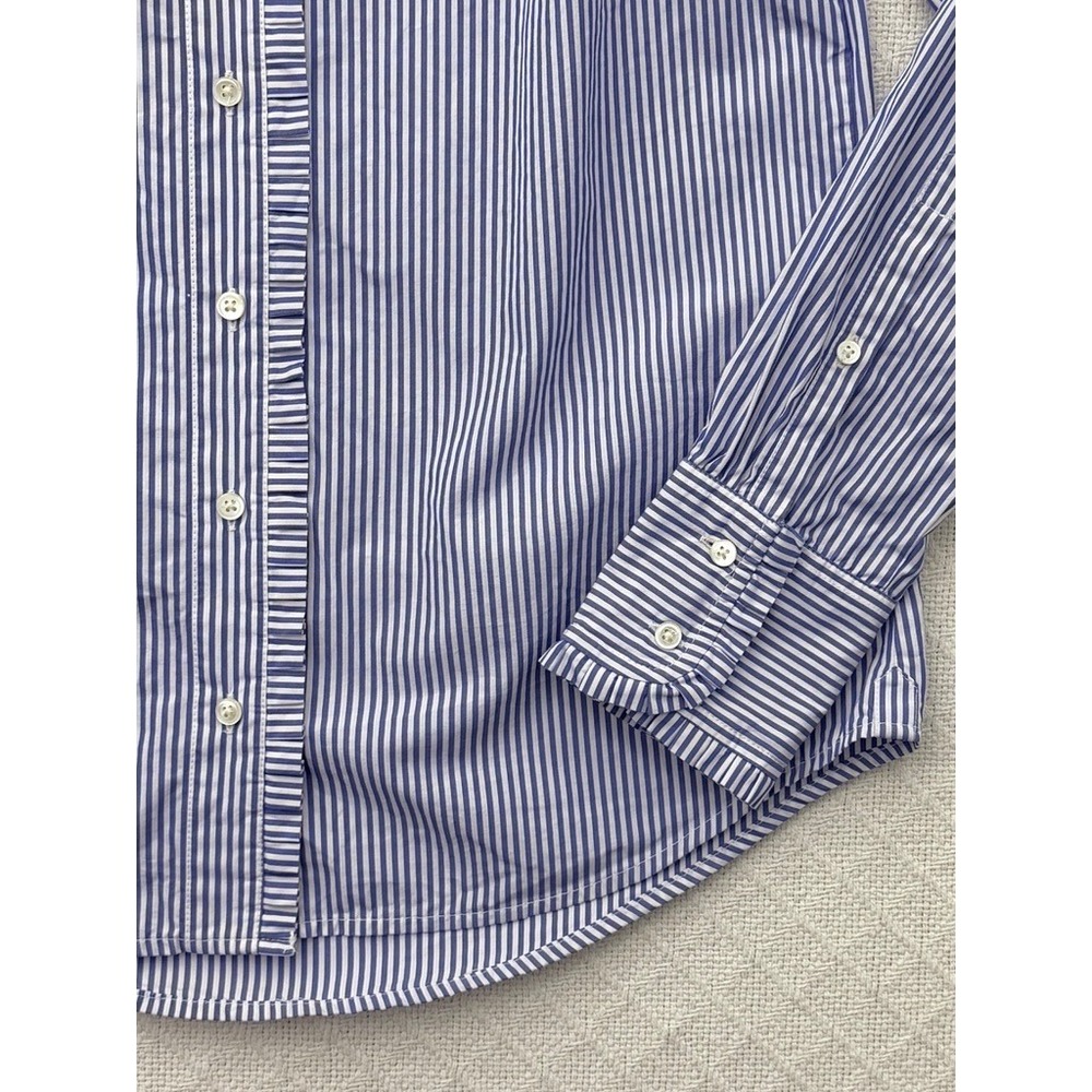 J.Crew Ruffle Poplin Shirt Blue White Striped Cotton Button-Up Womens 4 - Picture 4 of 7